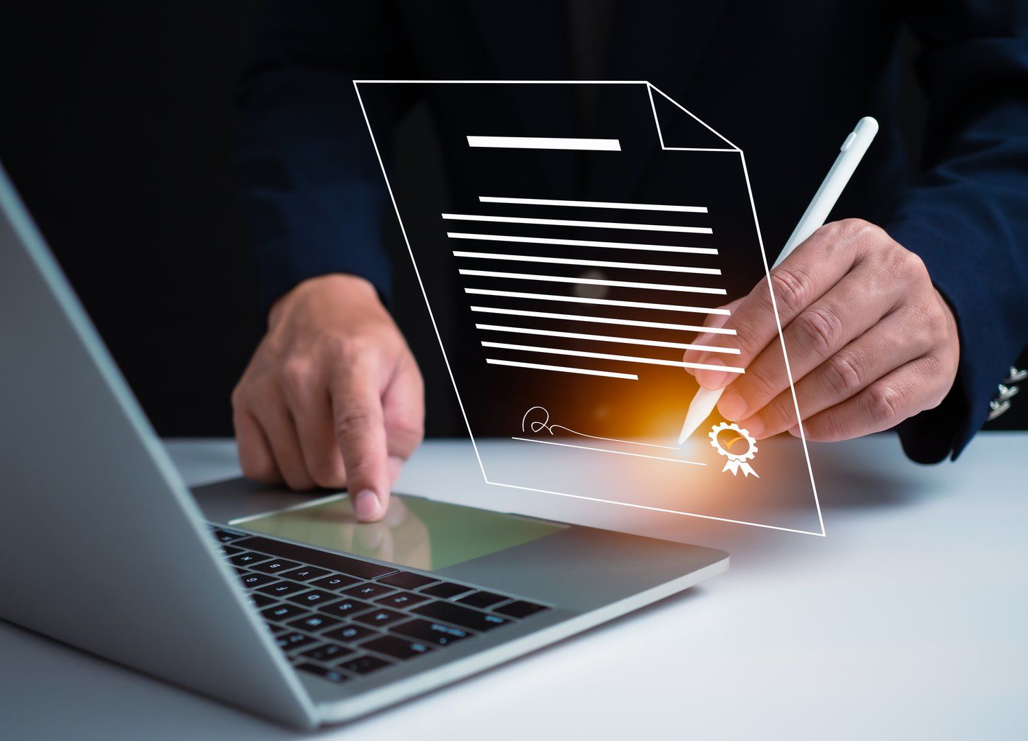 Person signing a document with a digital pen on a tablet screen