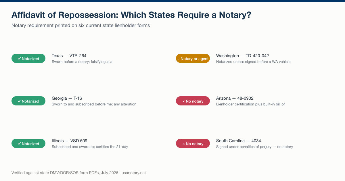 Affidavit of repossession notarization requirements on six state forms: Texas VTR-264, Georgia T-16, and Illinois VSD 609 require a notary; Washington accepts a notary or licensing agent; Arizona 48-0902 and South Carolina 4034 have no notary block