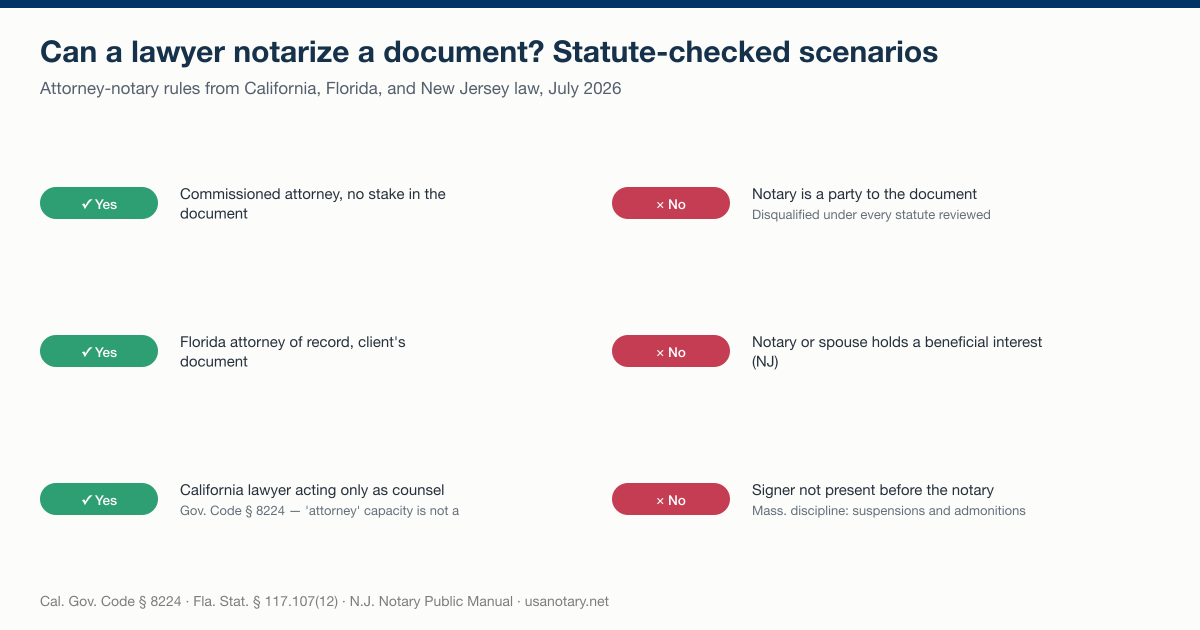 Statute-checked scenarios for whether a lawyer can notarize a document: permitted when commissioned with no stake in the document, permitted for Florida attorneys of record and California counsel, disqualified when the notary is a party, holds a beneficial interest, or the signer is absent