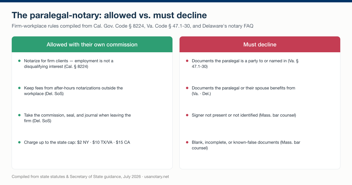 Paralegal notary rules: what a commissioned paralegal may do — notarize for firm clients, keep after-hours fees, take the commission when leaving — versus when the paralegal is disqualified, compiled from California, Virginia, and Delaware sources