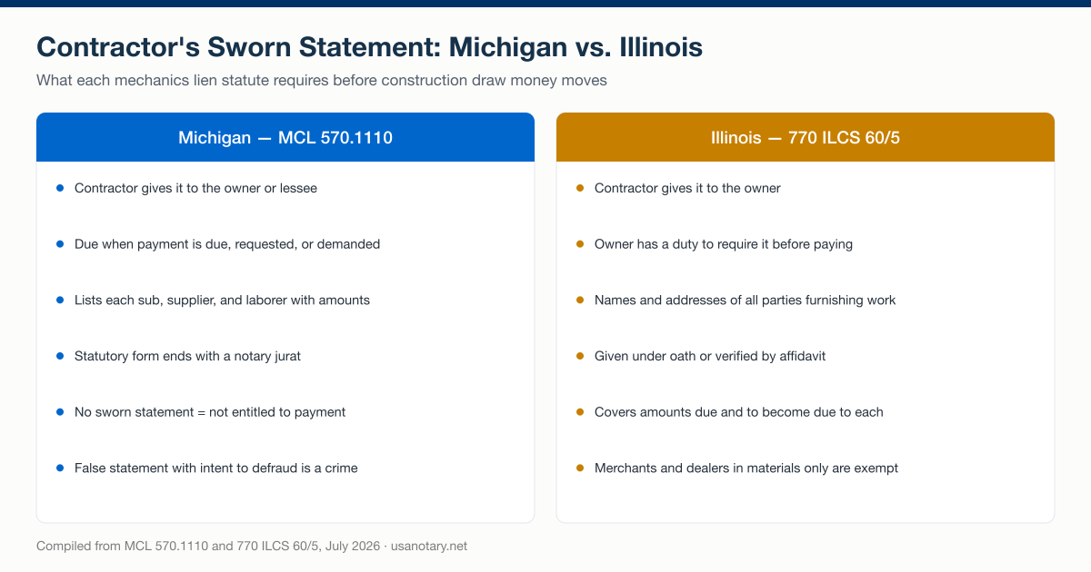 Contractor's sworn statement requirements compared: Michigan MCL 570.1110 versus Illinois 770 ILCS 60/5 — who gives it, when it is due, what it lists, and the notarization standard