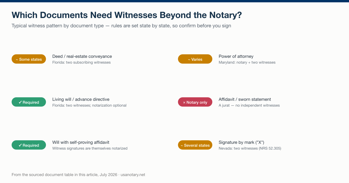 Witness requirements for six notarized document types — deeds, living wills, self-proving wills, powers of attorney, affidavits, and signature by mark — with each type's typical witness pattern