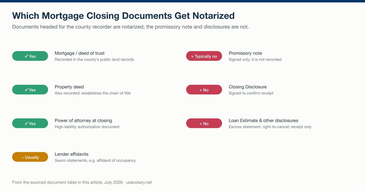 Mortgage closing documents and whether each is notarized: the mortgage or deed of trust, property deed, and power of attorney are; the promissory note and disclosures are not