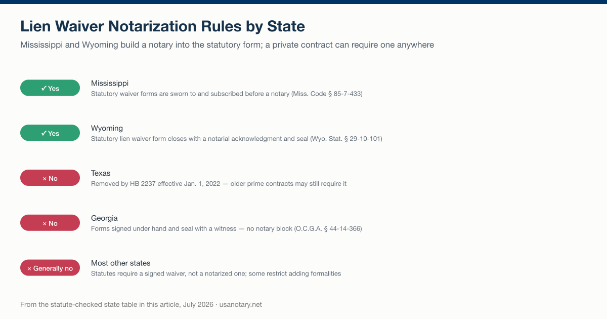 Lien waiver notarization requirements by state: Mississippi and Wyoming require a notary in their statutory forms, Texas removed its rule in 2022, Georgia and most other states need only a signature
