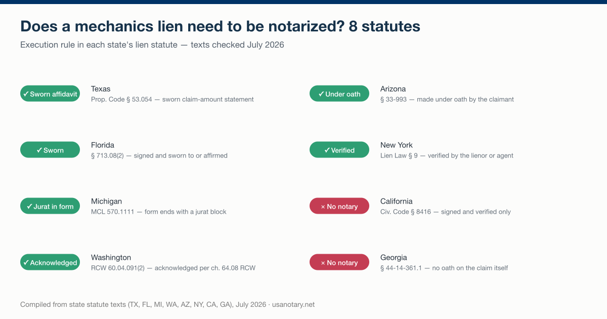 Mechanics lien notarization requirements in eight state statutes: Texas, Florida, Michigan, Washington, Arizona, and New York require a sworn, acknowledged, or verified lien claim; California and Georgia require only a signed claim