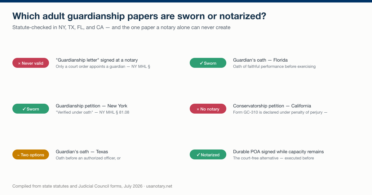 Checklist of which adult guardianship papers are sworn or notarized: a notarized guardianship letter is never valid, New York petitions are verified under oath, Texas allows an oath or penalty-of-perjury declaration, Florida requires the guardian's oath, California conservatorship petitions use no notary