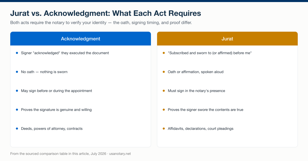 Jurat and acknowledgment side by side: certificate wording, oath requirement, signing timing, what each proves, and typical documents