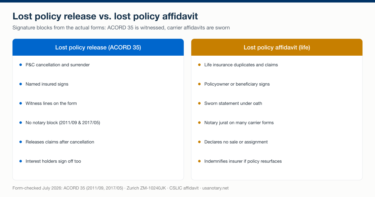 Lost policy release vs. lost policy affidavit comparison: the ACORD 35 release is witnessed with no notary block, while life insurance lost policy affidavits are sworn and often carry a notary jurat