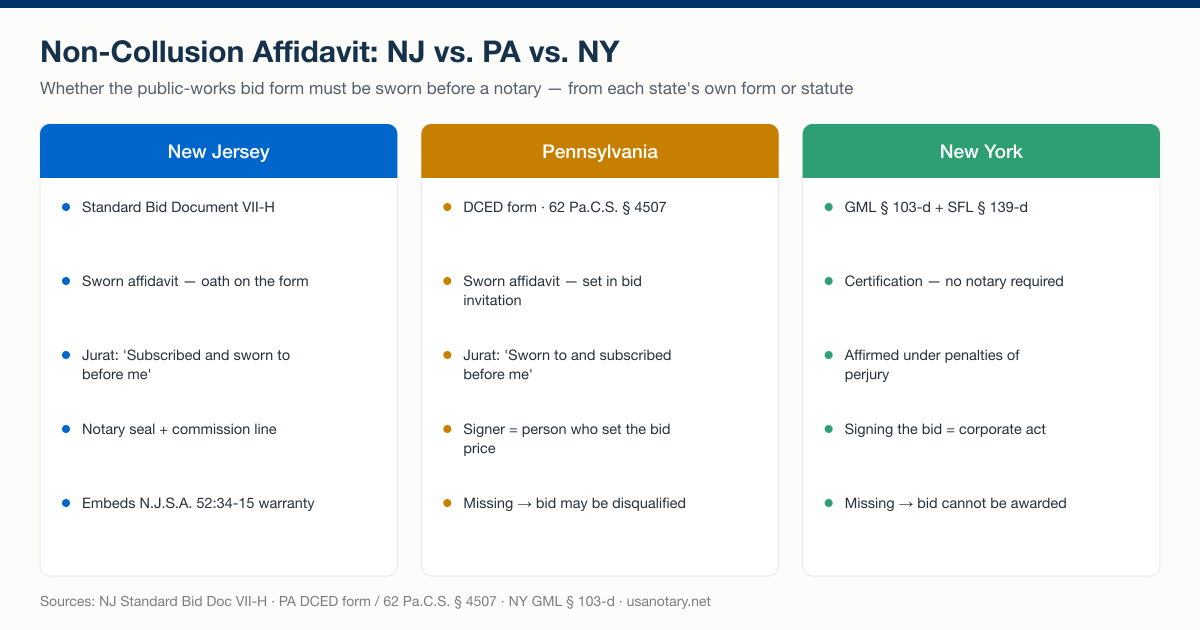 Non-collusion affidavit requirements compared across New Jersey, Pennsylvania, and New York public-works bids: NJ and PA use sworn affidavits with notary jurats, New York uses an unsworn certification under penalty of perjury