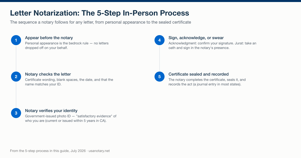 The five-step in-person letter notarization process, from appearing before the notary to the sealed and recorded certificate
