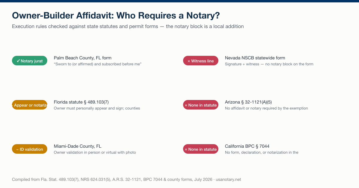 Owner-builder affidavit notarization requirements compared: Palm Beach County Florida requires a notary jurat, Nevada's statewide form uses a witness line, and the Arizona and California exemption statutes require no affidavit at all