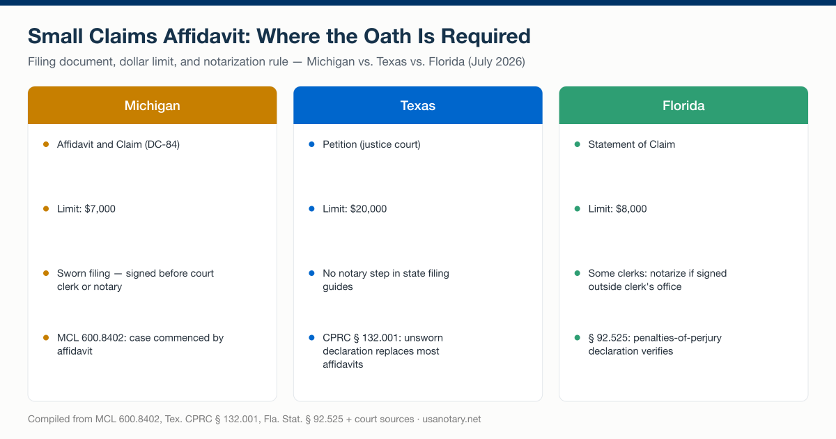 Small claims affidavit notarization rules compared: Michigan's DC-84 is sworn before a clerk or notary, Texas justice court petitions list no notary step, Florida statements of claim are signed with some clerks requiring notarization