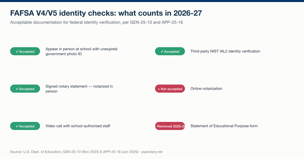 FAFSA V4/V5 identity verification methods for 2026-27: in-person at school, in-person notary statement, video call, and NIST IAL2 are accepted; online notarization and the Statement of Educational Purpose are not