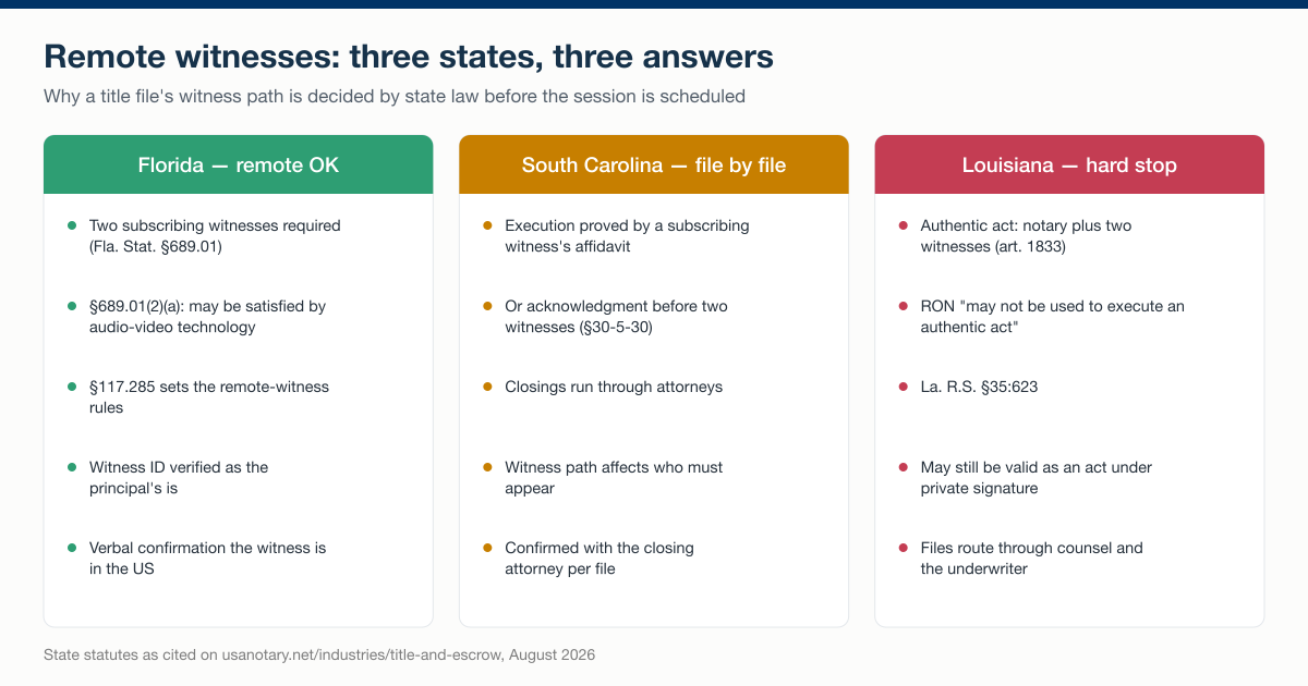 Remote witness rules in three states: Florida allows subscribing witnesses to sign by audio-video technology under Fla. Stat. 689.01(2)(a) and 117.285, South Carolina confirms the witness path file by file with the closing attorney under S.C. Code 30-5-30, and Louisiana bars remote online notarization from executing an authentic act under La. R.S. 35:623