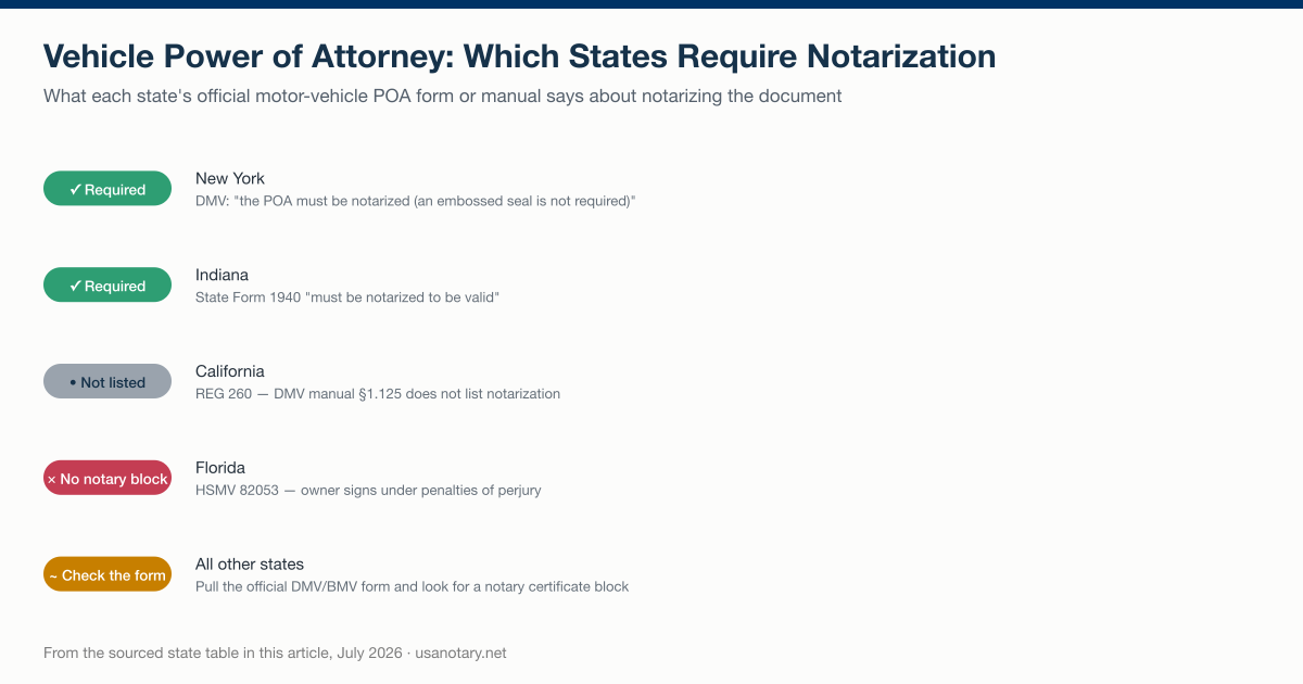 Vehicle power of attorney notarization requirements: New York and Indiana require notarization, California's manual does not list it, Florida's form has no notary block, and other states vary by form